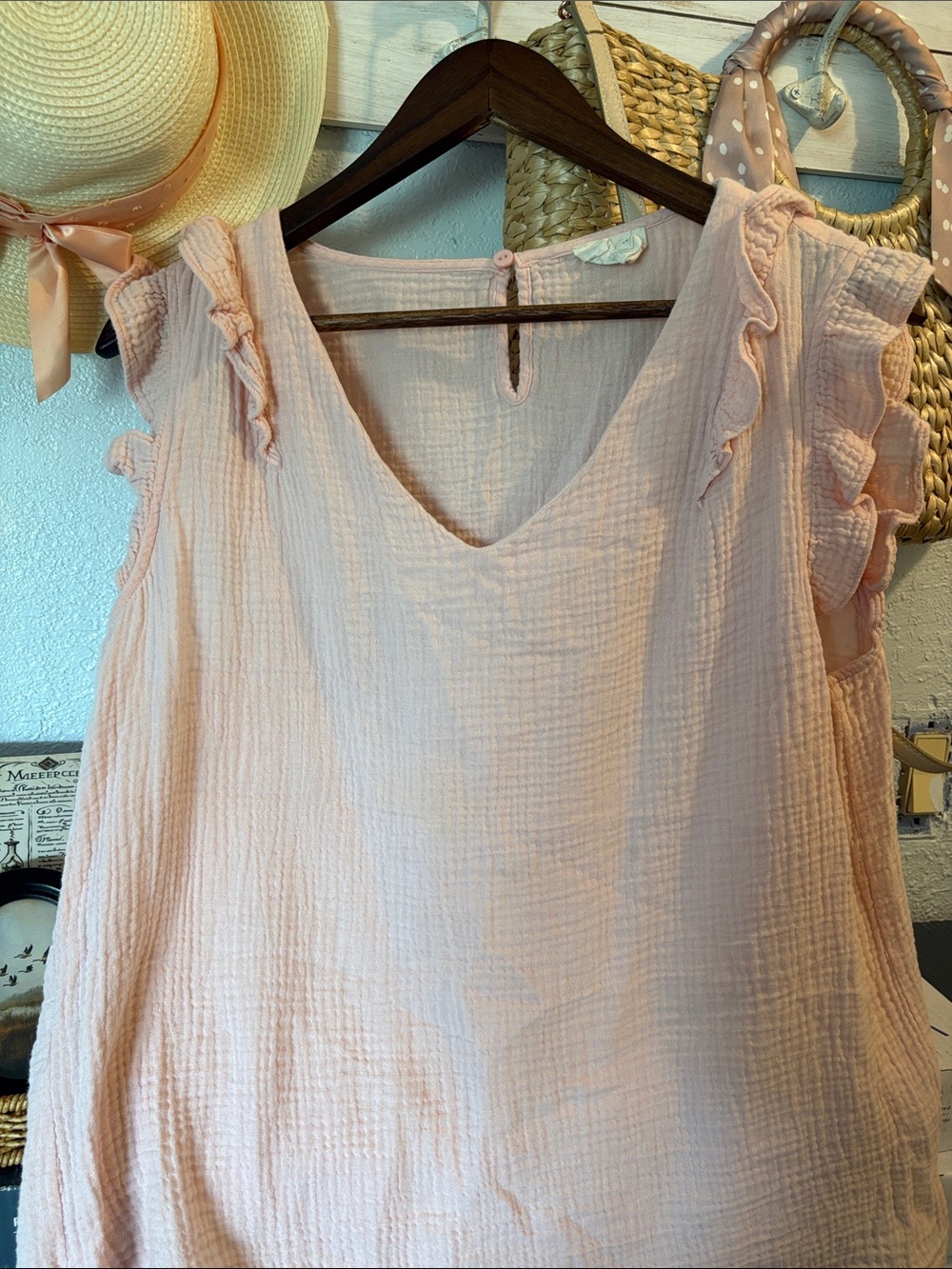 100% cotton Sleeveless V-Neck Tank with Ruffle Trim in Light Pink